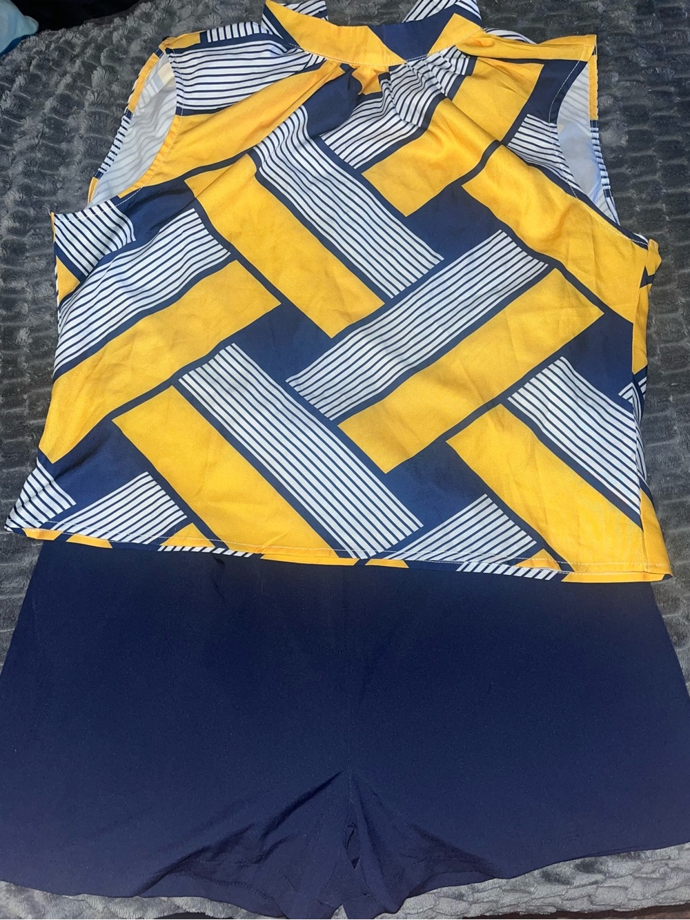 Never worn Navy Shorts with Yellow & Navy Geometric Top